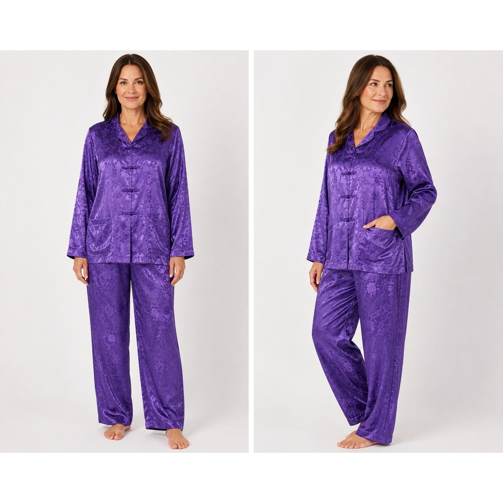 Bloomingdales Purple Floral Jacquard Satin Pajama Set Frog Button XL
